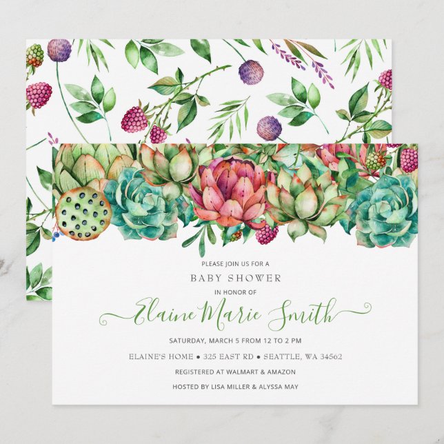 Rustic Boho Succulent Gender Neutral Baby Shower Invitation (Front/Back)