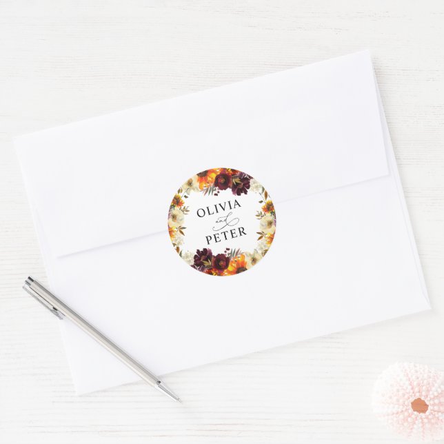 Rustic Boho Sunflower Burgundy Floral Fall Wedding Classic Round Sticker (Envelope)