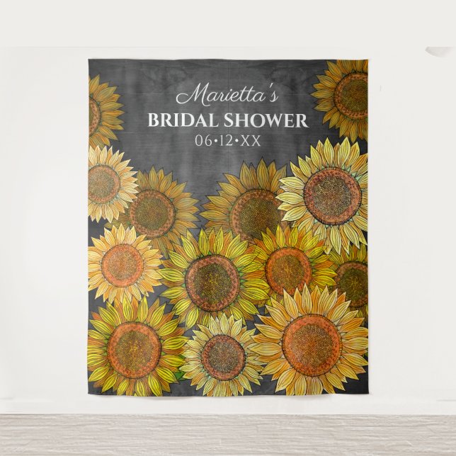 Rustic Boho Sunflower Grey Bridal Shower Backdrop Tapestry (Front)