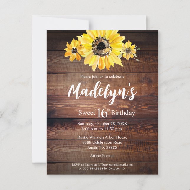 Rustic boho Sunflower wood barn Sweet 16 birthday Invitation (Front)