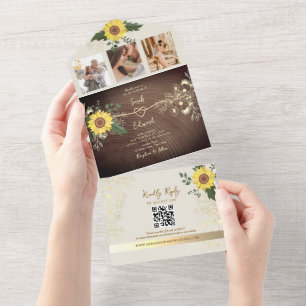 Rustic Boho Sunflower Wood Wedding All In One Invitation