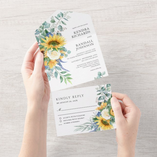 Rustic Boho Sunflowers and Roses Wedding All In One Invitation (Tearaway)