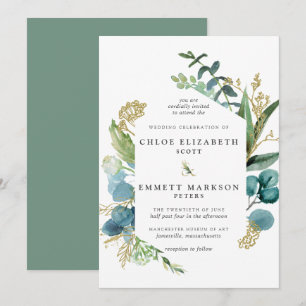 Rustic Boho Teal Blue Botanical Gold Wedding Invitation