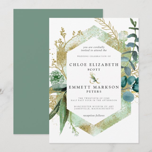Rustic Boho Teal Blue Botanical Gold Wedding Invitation (Front/Back)