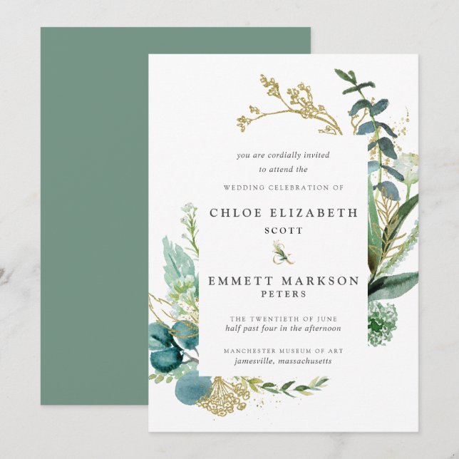 Rustic Boho Teal Blue Botanical Gold Wedding Invitation (Front/Back)
