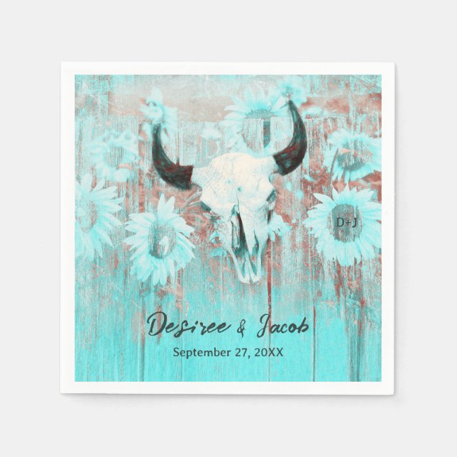 Rustic Boho Teal Western Sunflowers Bull Skull Napkin (Front)