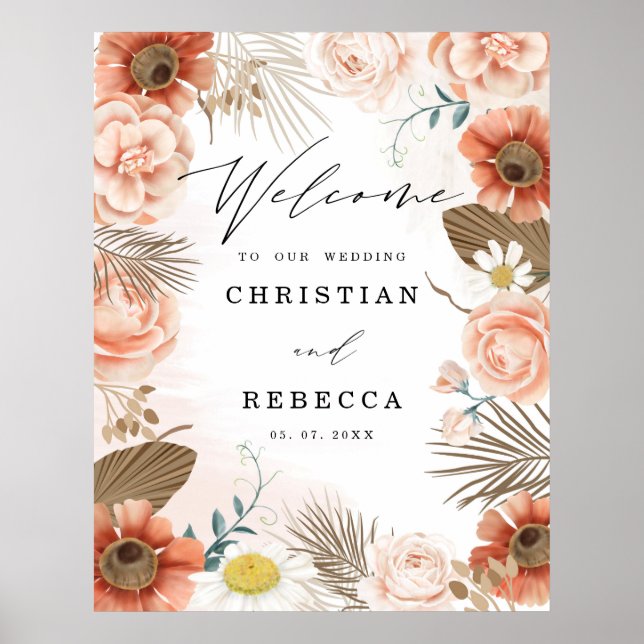 Rustic Boho Terracotta Floral Wedding Welcome Sign (Front)