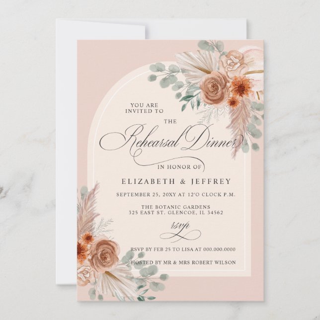 Rustic Boho Terracotta Pampas Rehearsal Dinner Invitation (Front)