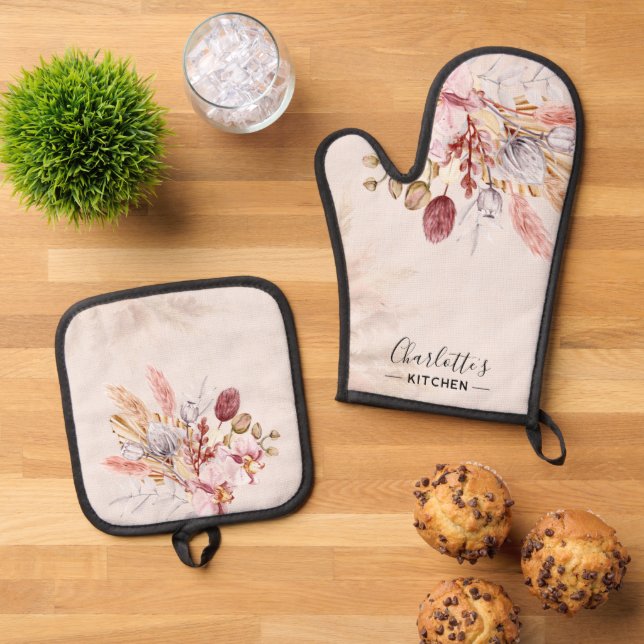 Rustic Boho Terracotta Script Personalized Oven Mitt & Pot Holder Set (Top Down)