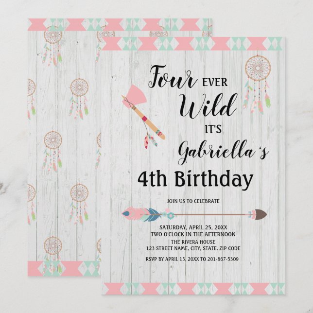 Rustic Boho Tribal Four Ever Wild  4th Birthday Invitation (Front/Back)