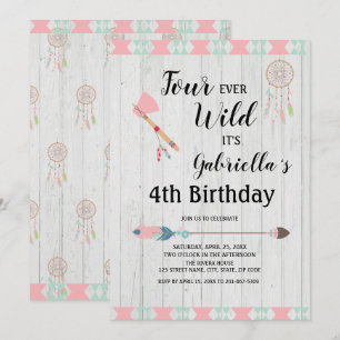 Rustic Boho Tribal Four Ever Wild  4th Birthday Invitation