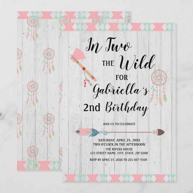 Rustic Boho Tribal In TWO the Wild 2nd Birthday Invitation (Front/Back)