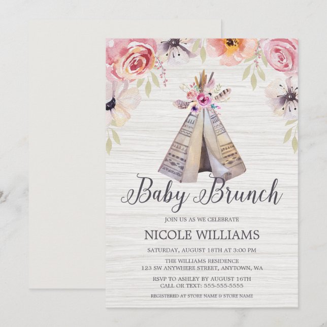 Rustic Boho Tribal Teepee Girl Baby Brunch Shower Invitation (Front/Back)