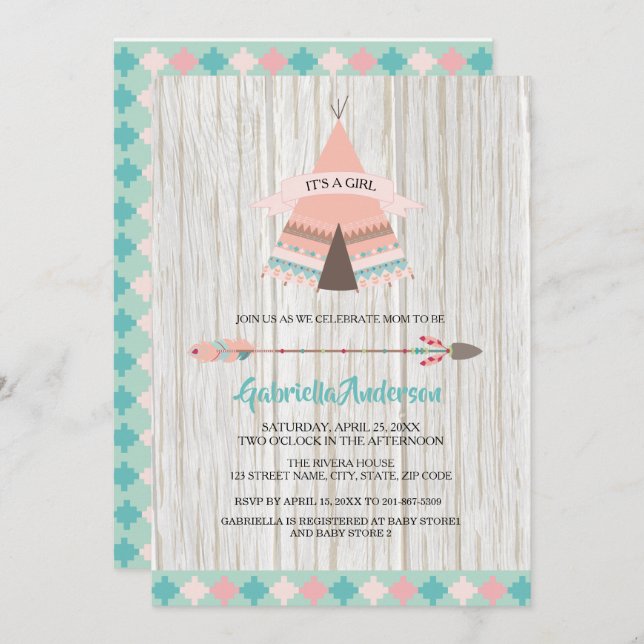 Rustic Boho Tribal Teepee Girl Baby Shower Invitation (Front/Back)