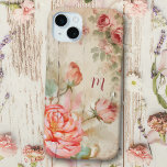 Rustic Boho Watercolor Antique Roses w/Monogram iPhone 15 Mini Case<br><div class="desc">Gorgeous sprays of pink rose blooms and buds and delicate green foliage on a distressed rustic weathered wood background with text field for your name or monogram.</div>