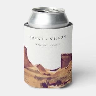 Rustic Boho Watercolor Desert Landscape Wedding Can Cooler