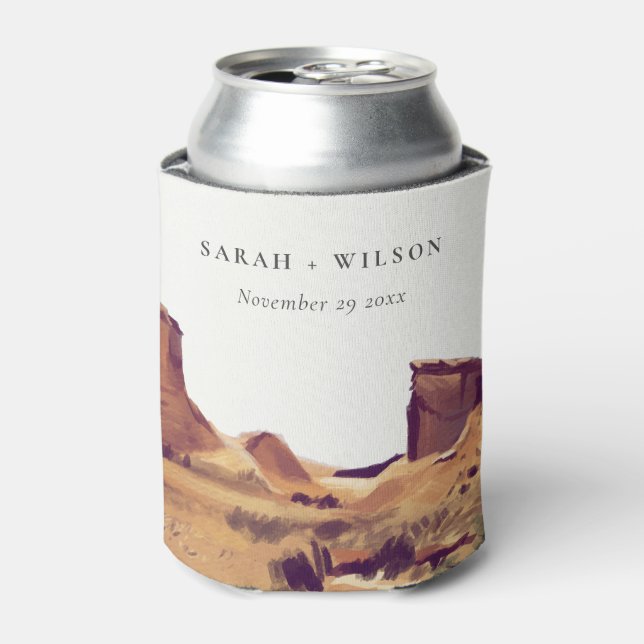 Rustic Boho Watercolor Desert Landscape Wedding Can Cooler (Can Front)