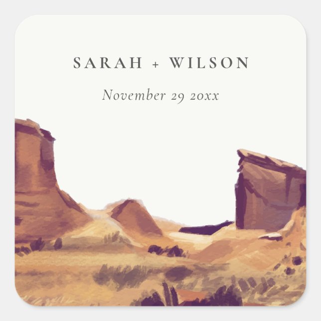 Rustic Boho Watercolor Desert Landscape Wedding Square Sticker (Front)