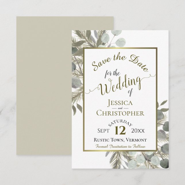 Rustic Boho Watercolor Eucalyptus & Pine Wedding Save The Date (Front/Back)