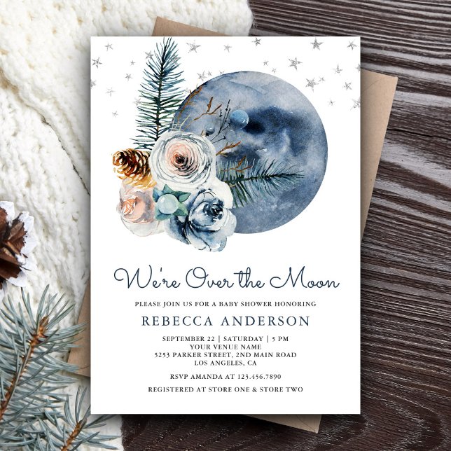 Rustic Boho Watercolor Floral Moon Baby Shower Invitation (Creator Uploaded)