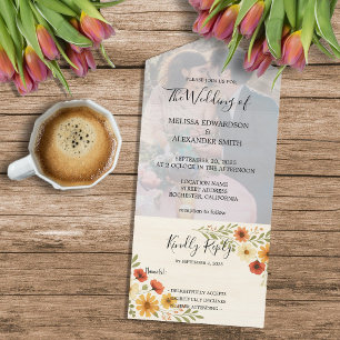 Rustic boho watercolor floral photo wedding all in one invitation