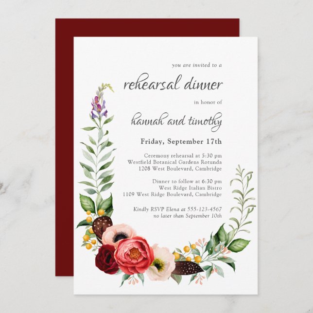 Rustic Boho Watercolor Floral Rehearsal Dinner Invitation (Front/Back)
