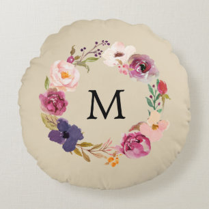Rustic Boho Watercolor Floral Wreath Monogram Round Pillow