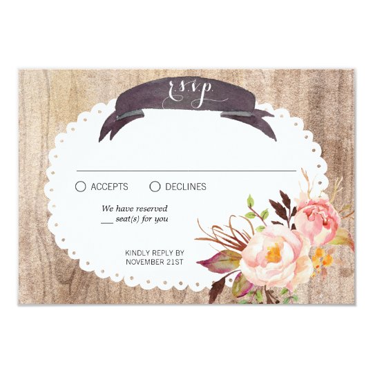 Rustic Boho Watercolor Flowers Wood RSVP Card