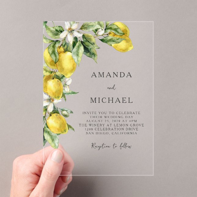 Rustic Boho Watercolor Lemons Citrus Wedding Acrylic Invitations (Insitu (Handheld))