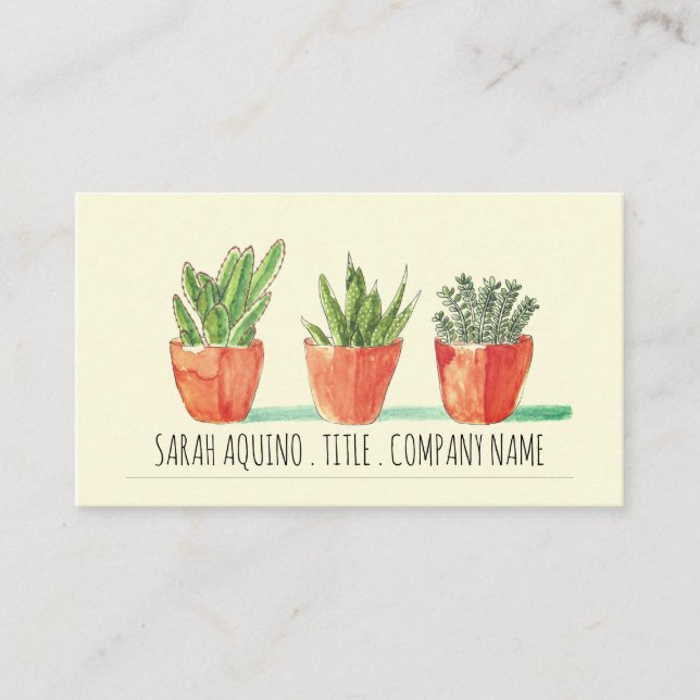 Rustic Boho Watercolor Potted Plants Business Card (Front)