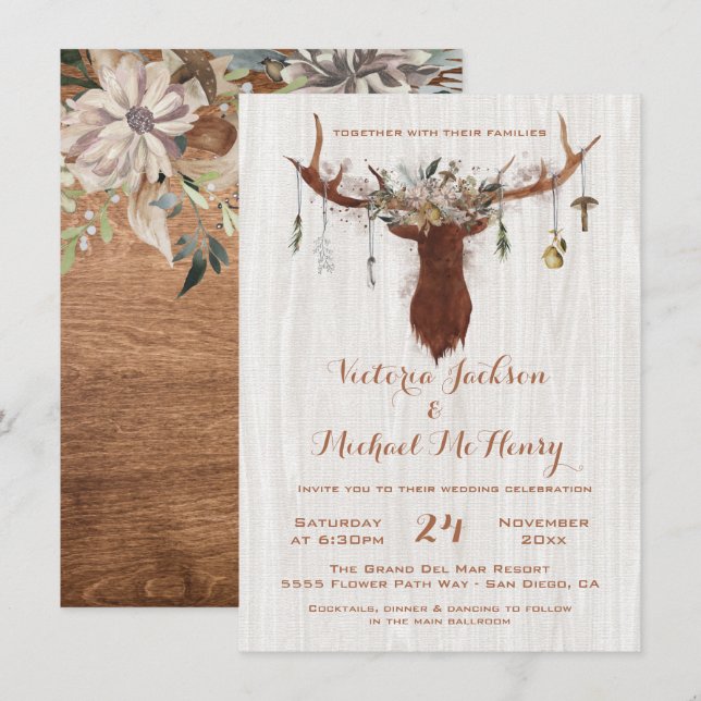 Rustic Boho Wedding Invitation with deer antlers (Front/Back)