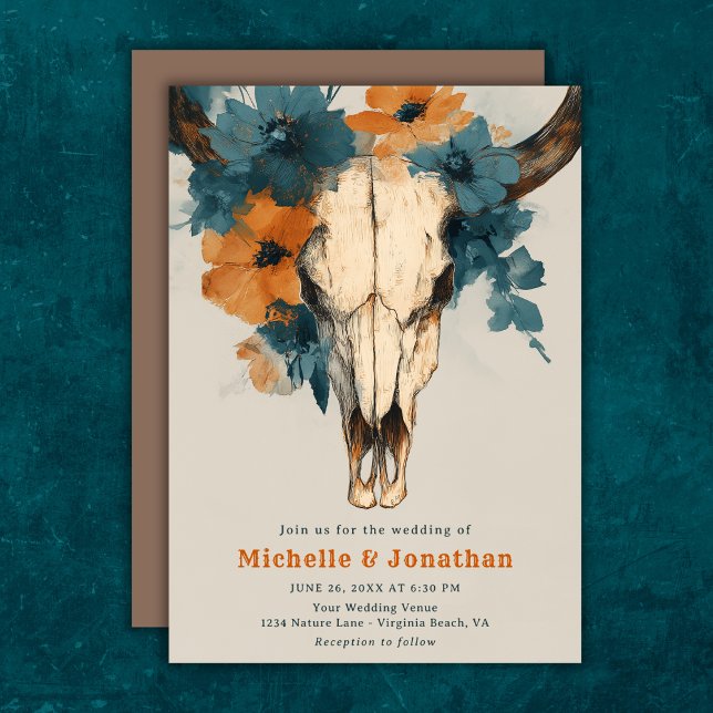 Rustic Boho Western Cow Skull Floral Wedding Invitation (Rustic Boho Western Cow Skull Floral Wedding Invitation)