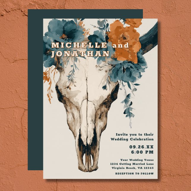 Rustic Boho Western Floral Bull Cow Skull Wedding Invitation (Rustic Boho Western Floral Bull Cow Skull Wedding Invitation)