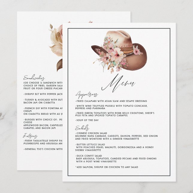 Rustic Boho Western Wedding Floral Cowboy Wedding Menu (Front/Back)