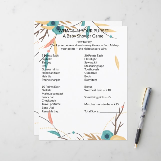 Rustic Boho What's In Your Purse Baby Shower Game (Front/Back In Situ)