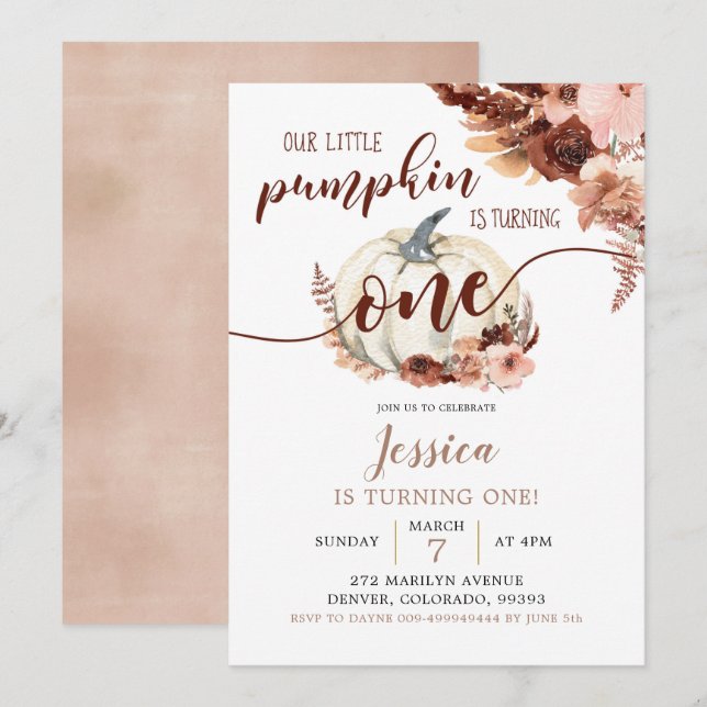 Rustic Boho White Pumpkin First Birthday Invitation (Front/Back)