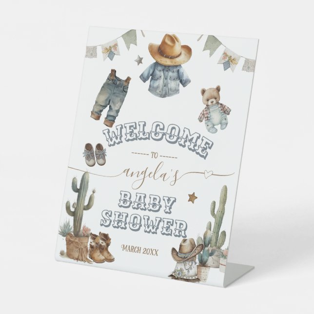 Rustic Boho Wild West Boy Baby Shower welcome Pedestal Sign (Front)