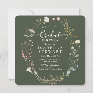 Rustic Boho Wildflower Forest Green Bridal Shower Invitation