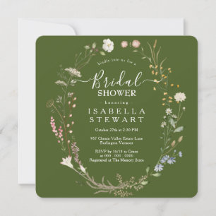 Rustic Boho Wildflower Moss Green Bridal Shower Invitation