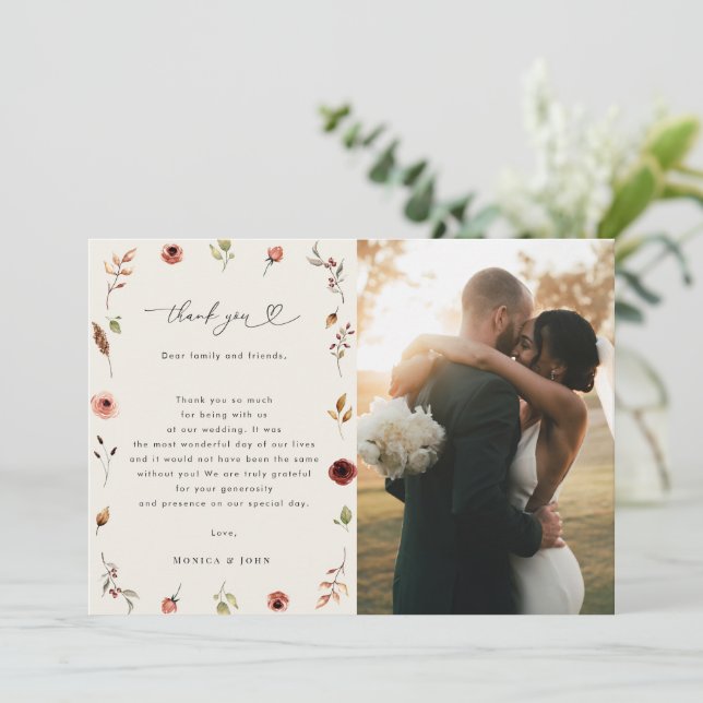 Rustic Boho Wildflowers Fall 2 Photo Wedding Thank You Card (Standing Front)