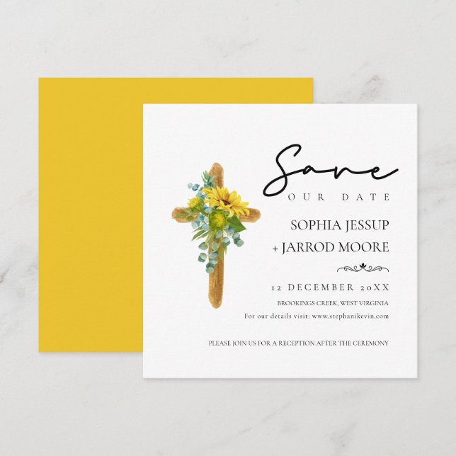 Rustic Boho Wood Cross Sunflower Foliage Wedding Save The Date (Front/Back)