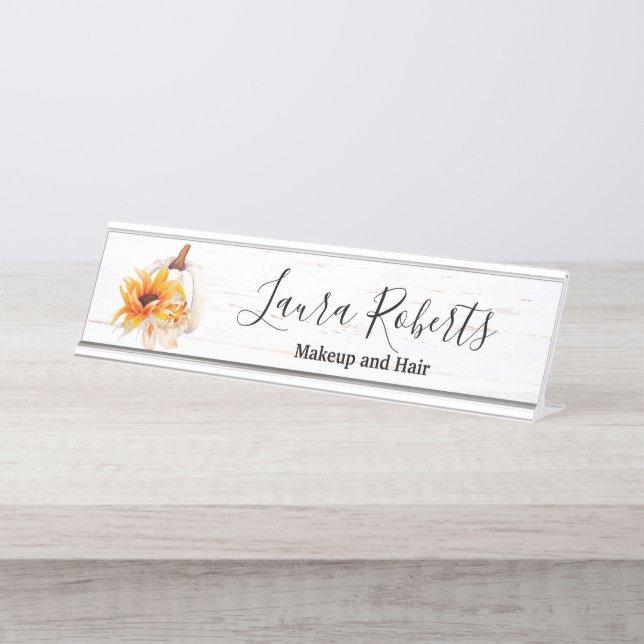 Rustic Boho Wood Watercolor Sunflower Pumpkin   Desk Name Plate (Front)