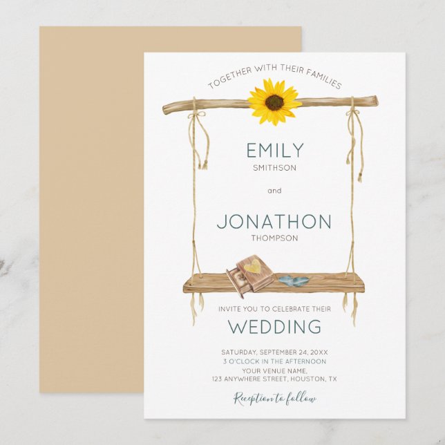 Rustic Boho Wooden Swing Sunflower Rings Wedding Invitation (Front/Back)