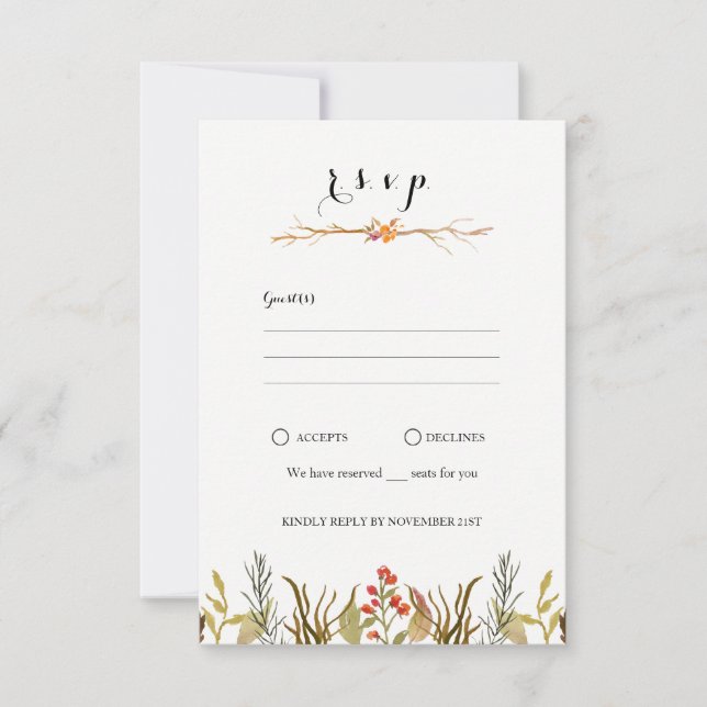 Rustic Boho Woodland Animals Watercolor Wedding RSVP Card (Front)
