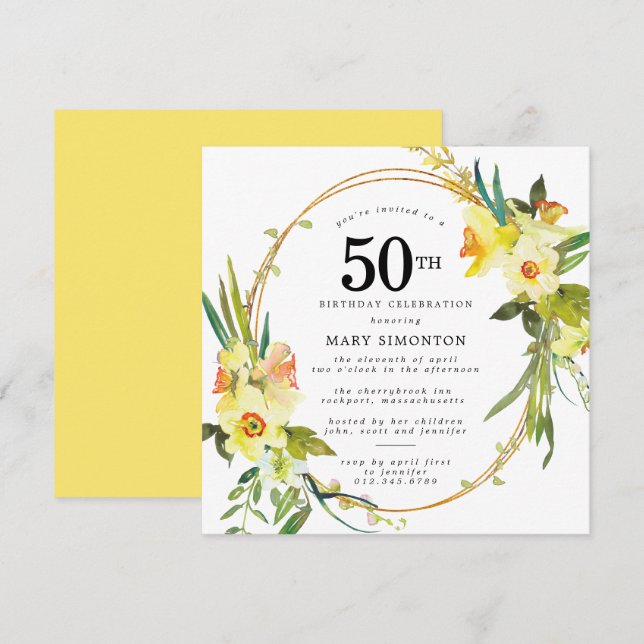 Rustic Boho Yellow Daffodil 50th Birthday Invitation (Front/Back)
