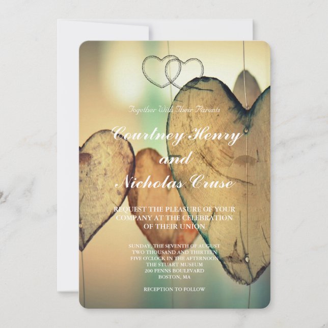 Rustic Bokeh Hearts Wedding Invitation (Front)