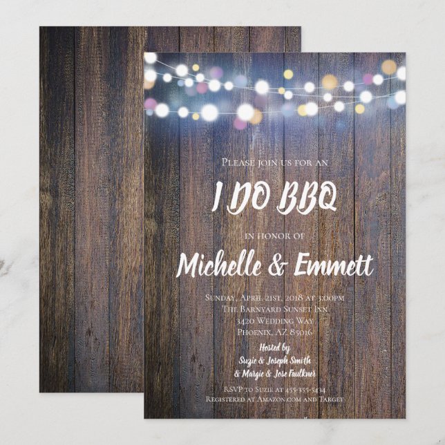 Rustic Bokeh Lights Country Wood I DO BBQ Shower Invitation (Front/Back)