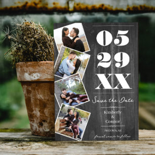 Rustic Bold Four Photo Save the Date Grey