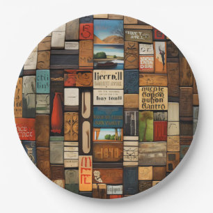 Rustic Book and Sign Typography Art Collage Paper Plate