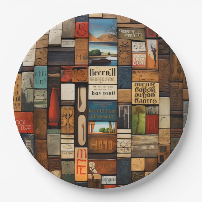Rustic Book and Sign Typography Art Collage Paper Plate (Front)